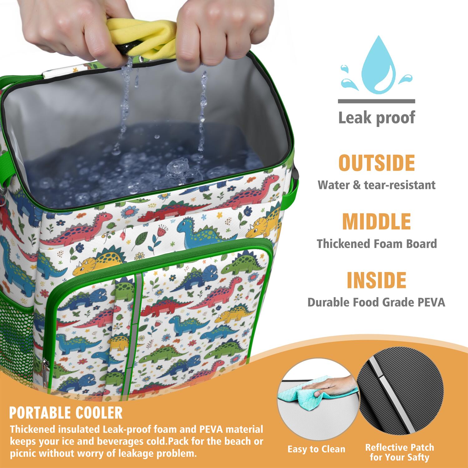 Travel Cooler Bag - White Cartoon Dinosaurs Flowers Pattern Camping Beer Cooler Backpack with Bottle Opener- Waterproof Insulated Picnic Backpacks - Cooler Bag for Beach
