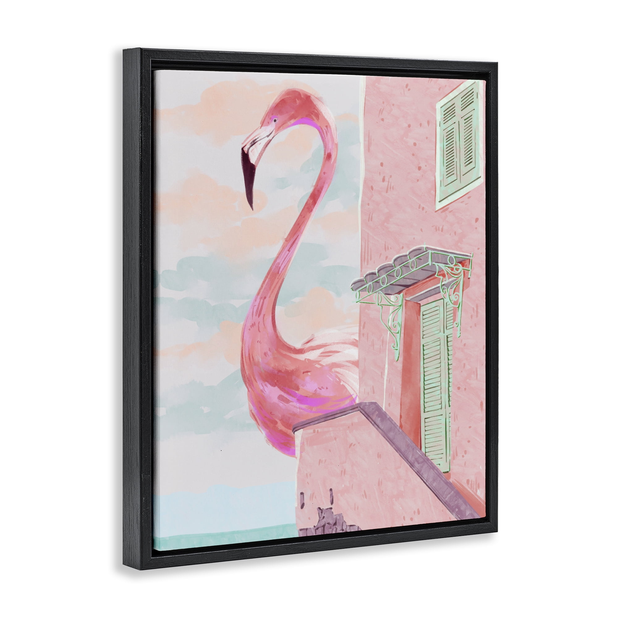 Stupell Industries Giant Flamingo with Seaside Balcony Black Framed Floater Canvas Wall Art, design by Ziwei Li