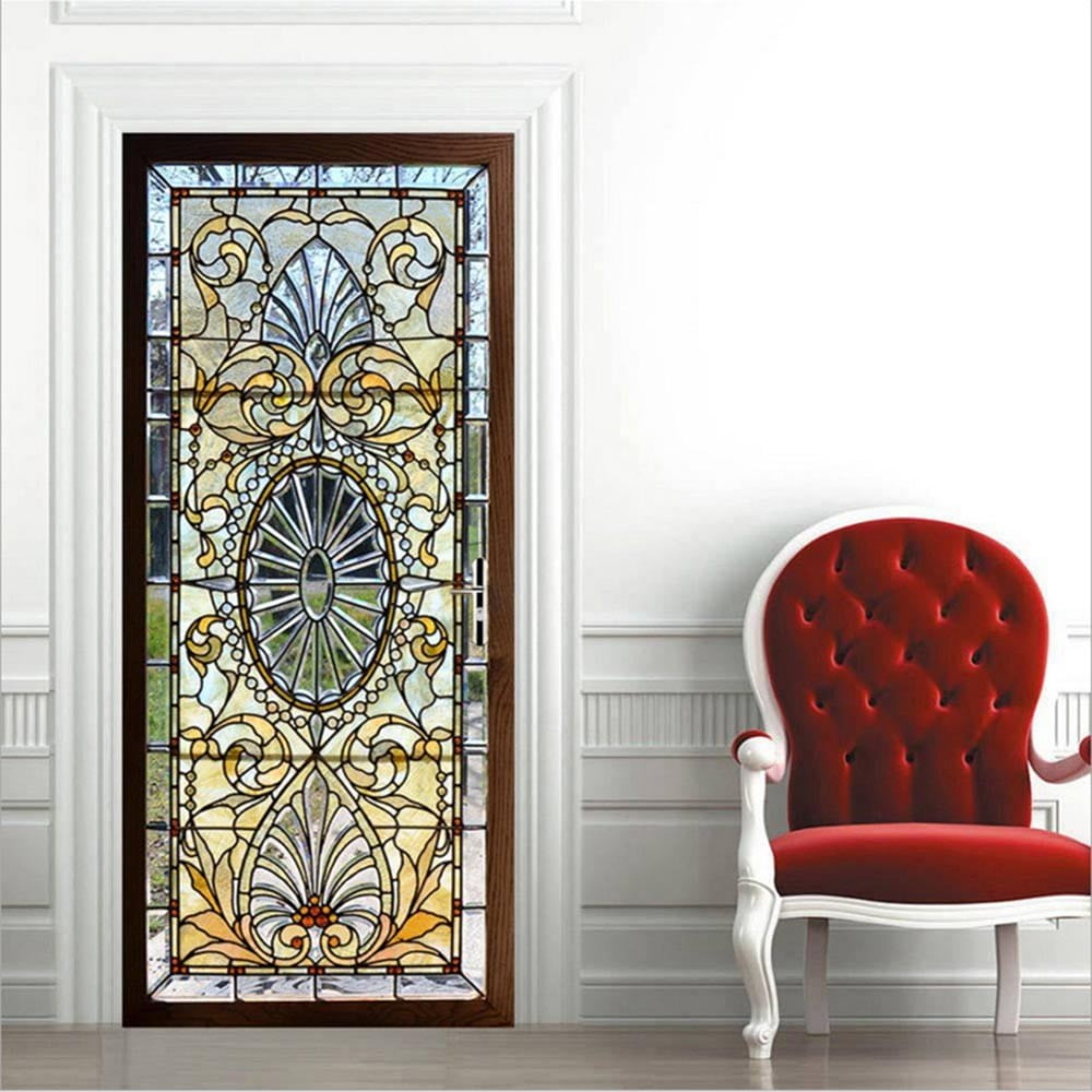2Pc 3D Self-Adhesive Stained Glass Door Sticker Stained Glass Window Film Pvc Balcony Bathroom Privacy Vinyl Decals Murals Decor