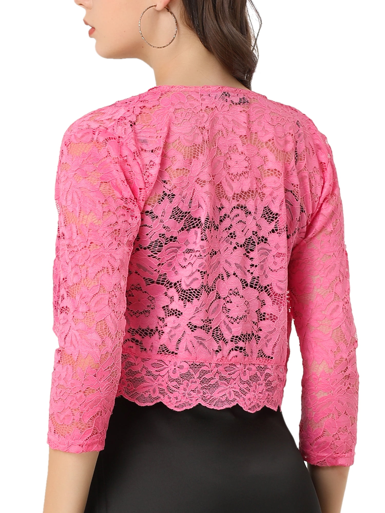 DARING DIVA 3/4 Sleeve Sheer Floral Lace Shrug Top L Pink