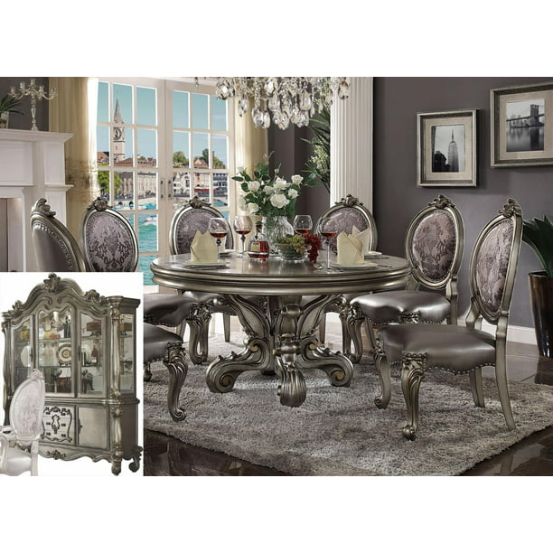 Acme 66840 Versailles Silver Pu Antique, Antique Round Dining Table And Chairs