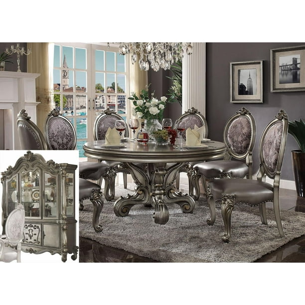 Acme 66840 Versailles Silver Pu Antique Platinum Finish Round Dining Table Set 9 Com Acme 66840 Versailles Silver Pu Antique, Silver Dining Room Table