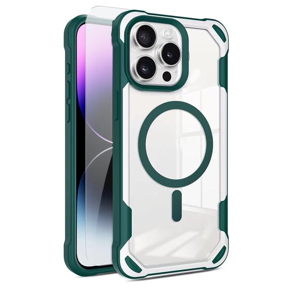 Dteck Magnetic Case for iPhone 16 Pro Max with Galss Screen Protector, Shockproof Slim Fit Lightweight Crystal Clear Support Wireless Charging PC   TPU Case, Green