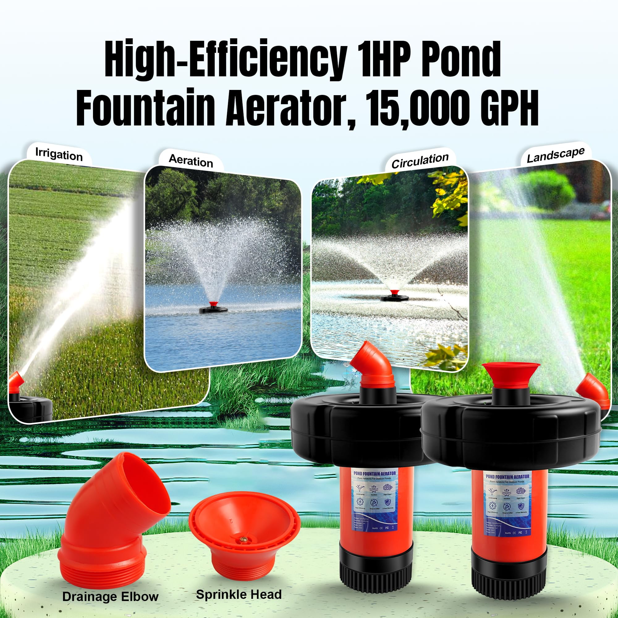 FOXLUX Pond Fountain Aerator 750W, 1HP 15000 GPH Outdoor Floating Aerating Pump, 120ft Power Cord for Small & Large Ponds & Lakes (AC120V) 1PCS/PACK