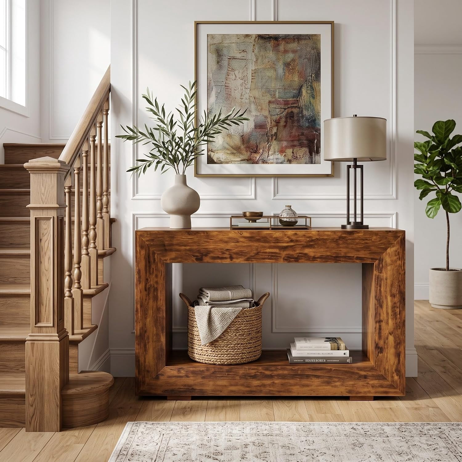 47" 2-Tier Farmhouse Console Table with Charging Station, Entryway Sofa Table with Outlets and USB Ports for Living Room, Behind Couch Narrow Hallway Table, Rustic Brown