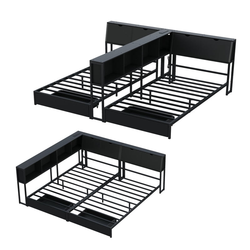 2 x Twin Size Metal Platform Bed Frame with Storage Headboard, Detachable Daybed with LED Lights, Drawers and Side Shelves