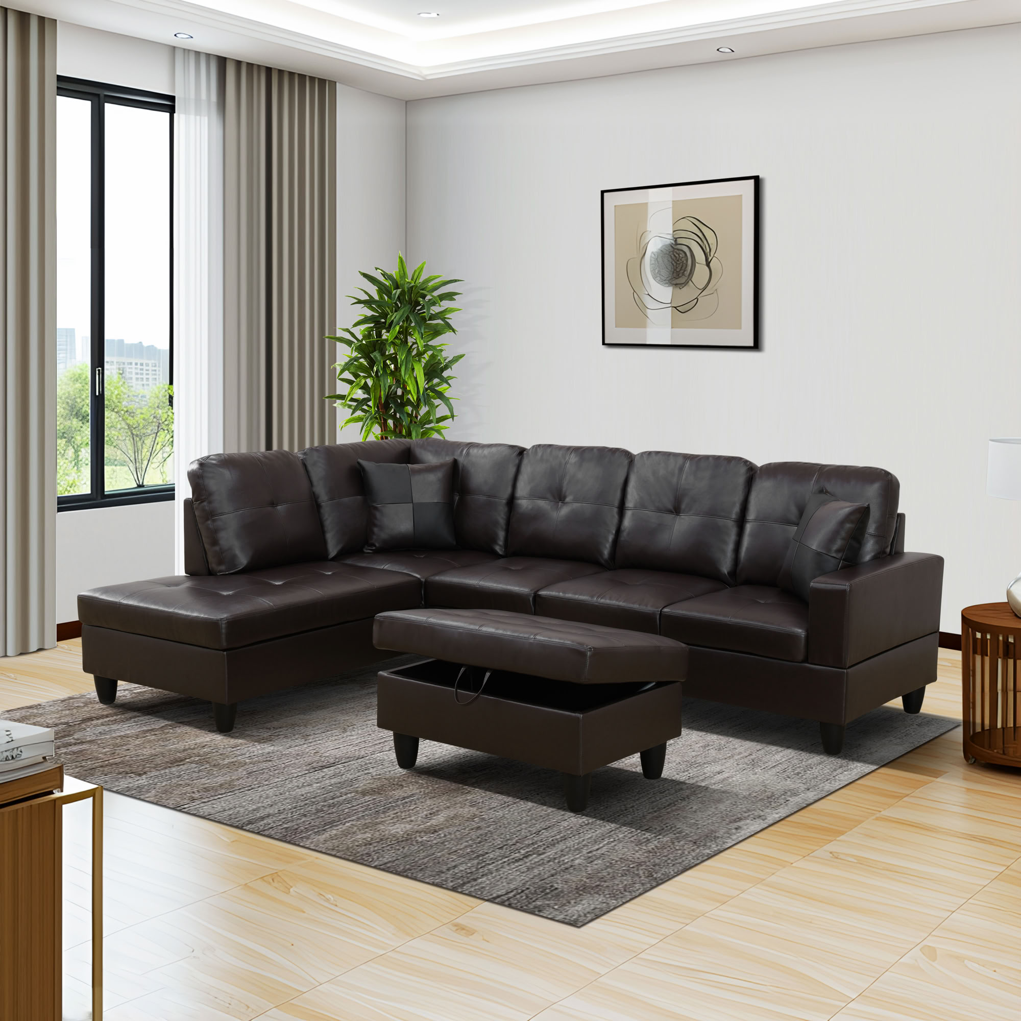 MAYEERTY Reversible L-Shaped Sectional Sofa Set, Breathable Leather Couch with Storage Ottoman & Chaise for Living Room