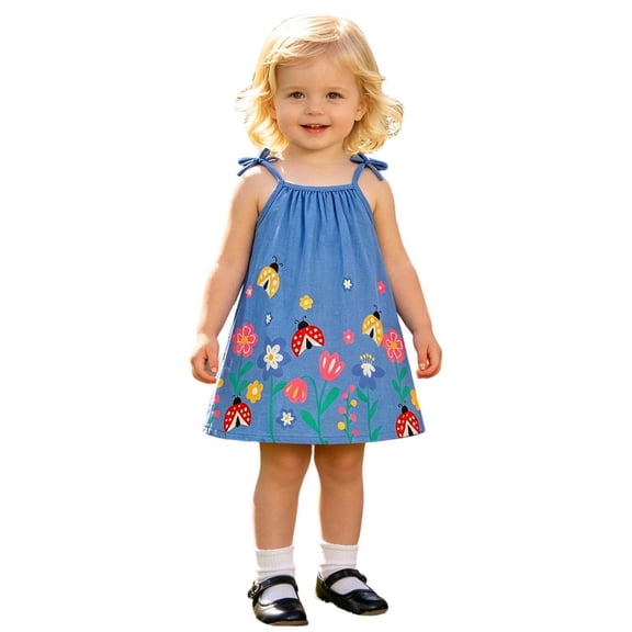 VNKIDY Girls Kids Spaghetti Strap Dress With Ladybug Floral Prints For Toddlers Summer Daily Wear Casual Outings Playful Outdoor Activities Stylish Dress
