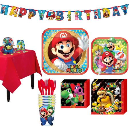 Party City Super Mario Tableware Party Supplies for 8 Guests, Include Plates, Napkins, Cups, a Banner, and Decorations