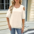 thumbnail image 3 of Fesfesfes T Shirts for Women Women Spring And Summer Off The Shoulder Round Neck Lace Patchwork 3/4 Sleeve Loose Tops Loose Fitting Tops for Women M(US:6), 3 of 9