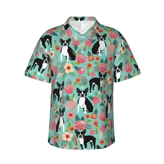 Boston Terrier Dogs Flower Floral Men'S 3d Print Casual Button Down Shirts, Novelty Hawaiian Short Sleeves S