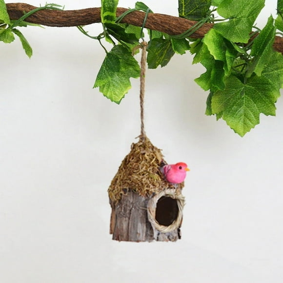 Qaailabf Decorative Wooden Bird House with Artificial Bark Finish, Hanging Planter Design for Garden Trees Bonsai Easter Nature Decor, Small Outdoor Ornamental Bird Nest Home Decoration with