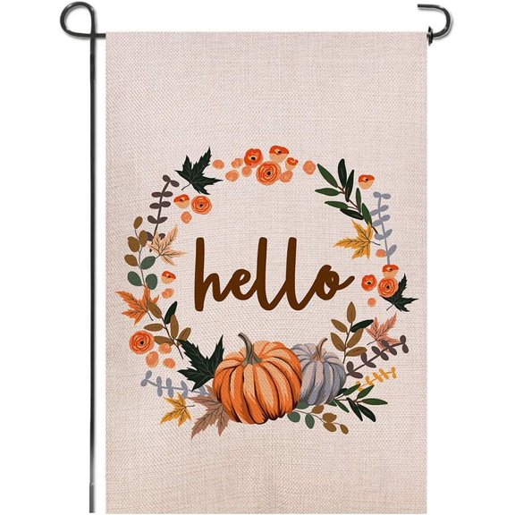 Hello Fall Thanksgiving Day Welcome Double Sided Burlap Garden Flag, Premium Material, Seasonal Holiday Outdoor Decorative Small Flags for Home House Garden Yard Lawn Patio, 12.5 x 18.5 inch