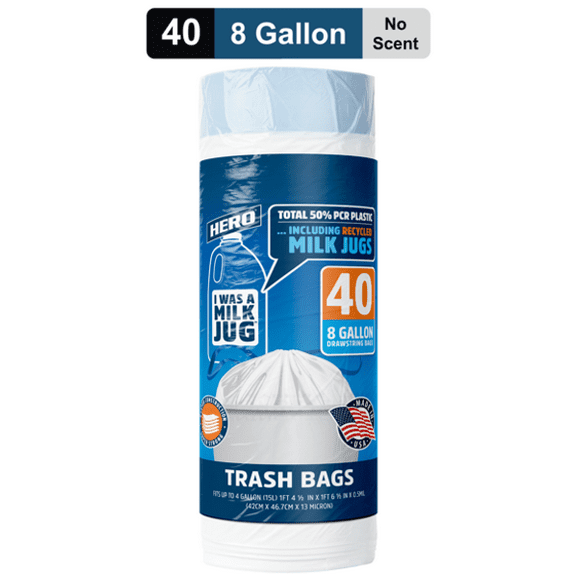 Hero, I Was A Milk Jug, 8-Gallon Trash Bags, 40 Count, Recycled, Drawstring Closure, Unscented, Kitchen, Office
