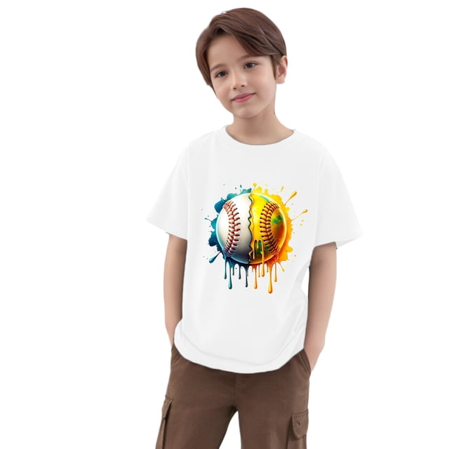 XASZHN Short Sleeved T Shirt for Boys with Cartoon Patterns of Small Medium and Large Kids' Round Neck Designs Suitable for Basketball Baseball and Football. Shirts White 3-4 Years