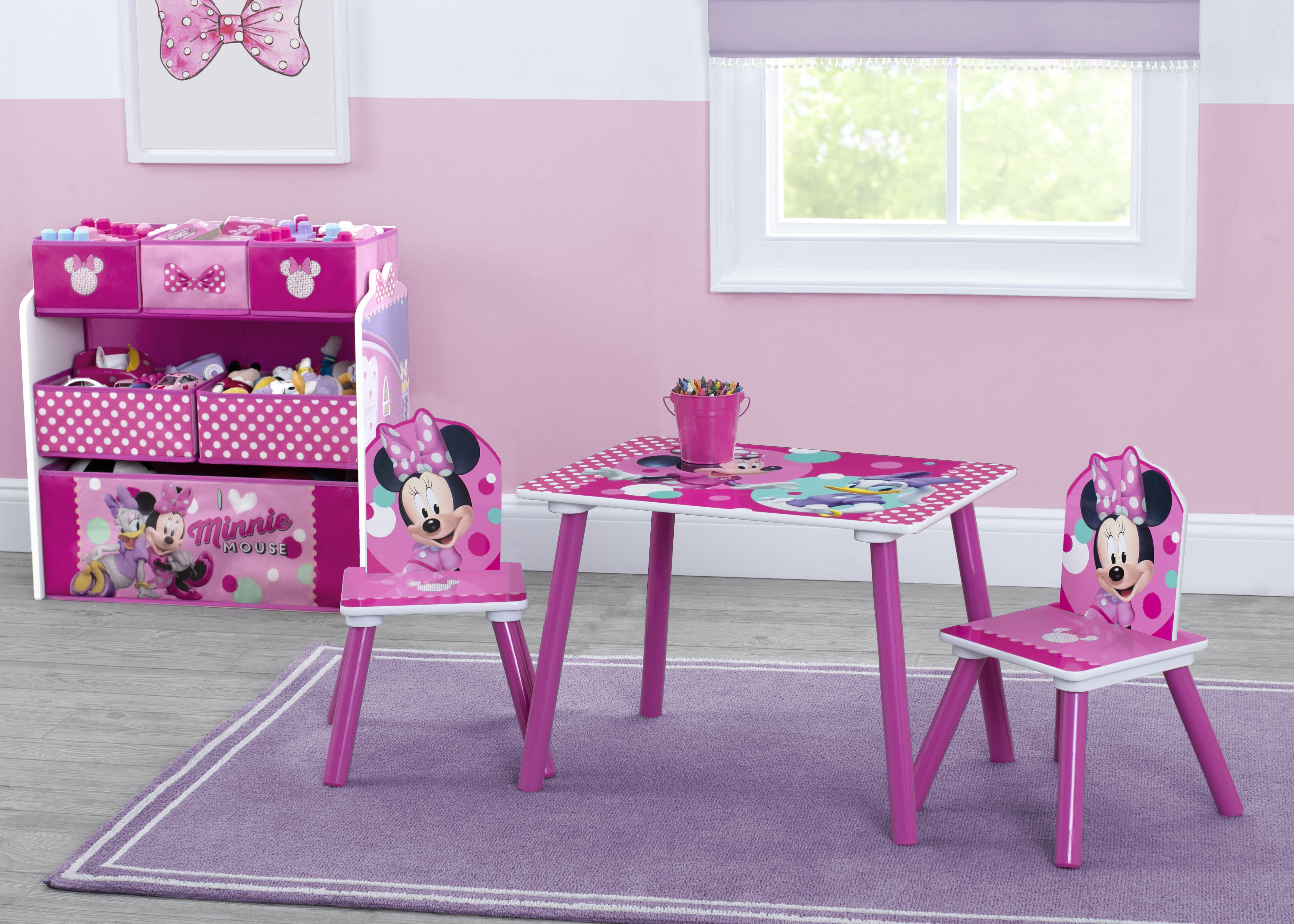 Minnie Mouse 4-Piece Wood Toddler Playroom Set – Includes Table, 2 Chairs & Toy Bin, Pink - image 5 of 13