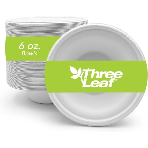 Three Leaf 6Oz. (180Ml) Bagasse Bowl 50 Ct PFAS-Free Heavy Duty Sugarcane Fiber Eco-Friendly Disposable 100% Biodegradable Microwave and Freezer Safe Ideal for Ice Cream Sauces Soup Bowls