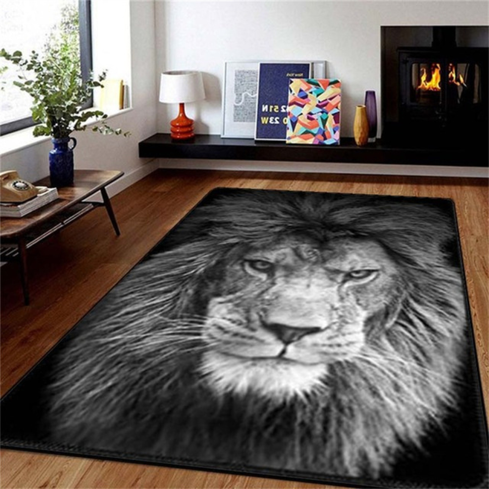 Art Lion Area Rug Head Black Area Rugs Mat For Living Room Bedroom Non