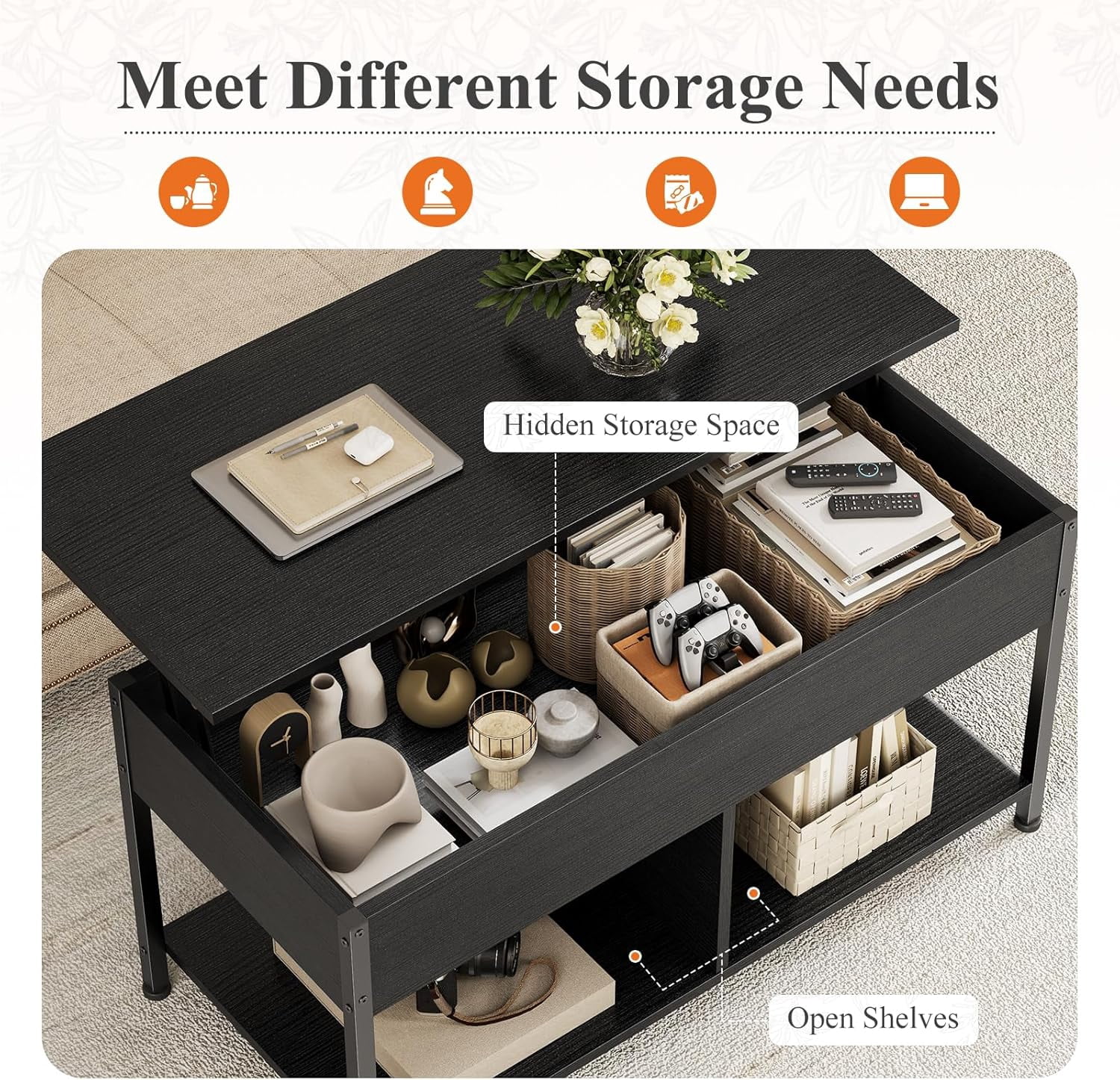 Coffee Table, Lift Top Living Room Coffee Table, Dining Center Tables with Storage Shelf and Hidden Compartment, Black