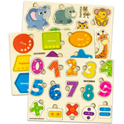 Quokka Wooden Toys 3 Puzzles Multi Pack, Educational Games Numbers Learning Puzzles Shape Toy (27 Pieces)