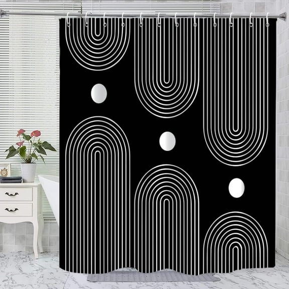 Black and White Extra Long Shower Curtain, Boho Minimalist Mid Century Modern Arch Geometric Machine Washable Waterproof Fabric for Bathroom Bathtub Decor with Hooks 72Wx84H