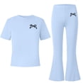 thumbnail image 5 of Kilaqueen Girls Outfits Summer Short Sleeve T Shirt Flared Pants Sets Cute Bow Printed Casual Vacation Clothes Size 5-15T, 5 of 7