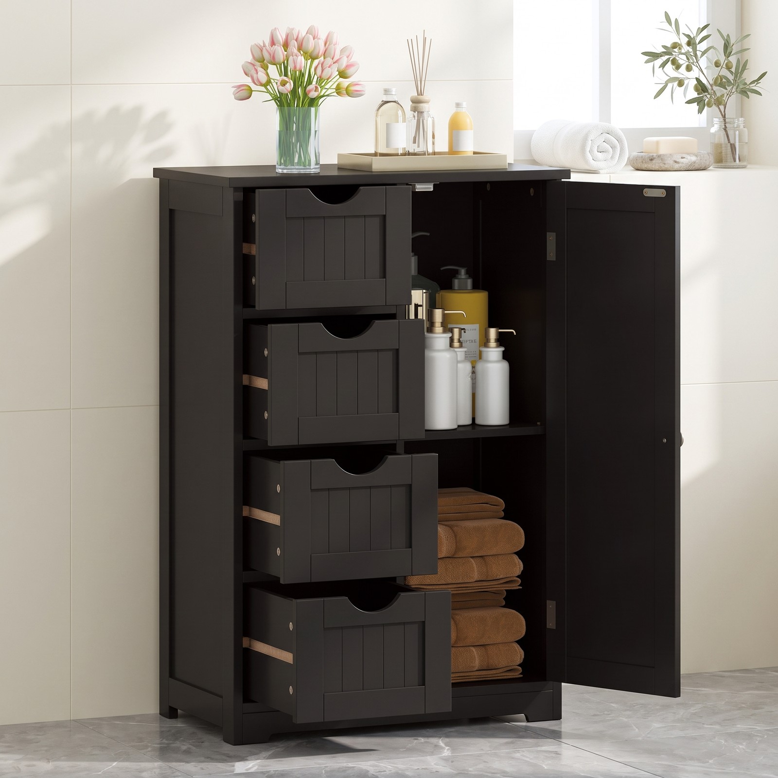 Fenbeli 4-Drawer Wooden Storage Cabinet with Side Door, Freestanding Bathroom Floor Organizer Chest for Living Room Bedroom Hallway, Modern Nightstand with, Black