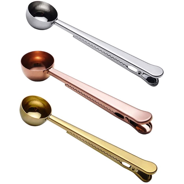 Coffee Scoop with Bag Clip, Spoon with Sealed Clamps Multi-Function Milk Powder Spoon Coffee Measuring Spoon, 20ml (Golden+Silver+Rose Gold)