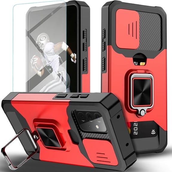 Starshop For Samsung Galaxy A16 5G Case Phone Cover Slide Camera Protection, Credit Card Slot & Ring Kickstand - Red