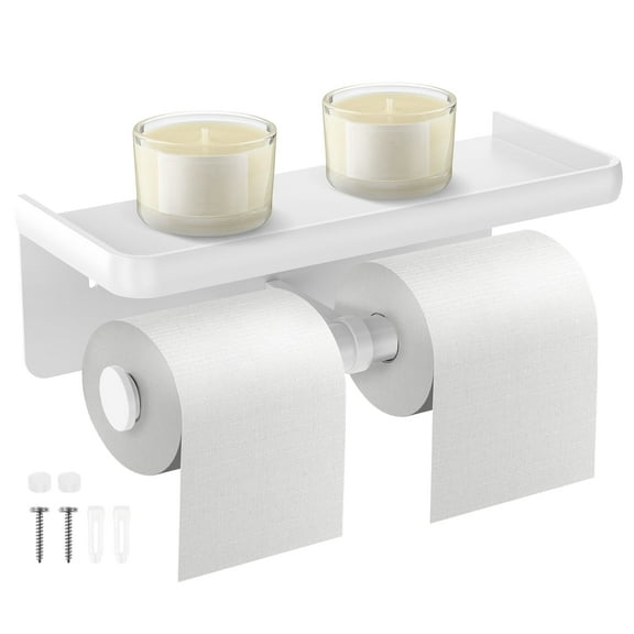 Txkrhwa Double Toilet Paper Holder with Shelf, Double Head Toilet Tissue Roll Holder, Wall Mount Tissue Roll Holder for Bathroom, Toilet Tissue Dispensers with Phone Shelf