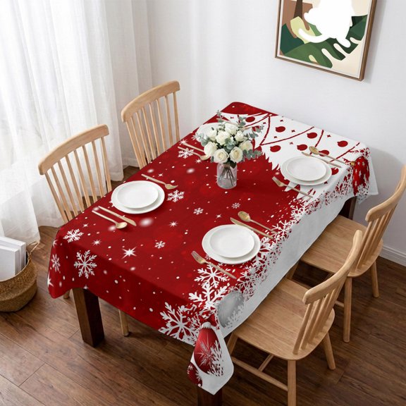 Red Christmas Table Cloth Waterproof Tablecloths, Snowflake Winter Xmas Tree Ball Tablecloth Dining Table Cover for Kitchen Party Tabletop Outdoor, Rectangle Tablecloth 60x84 Inch