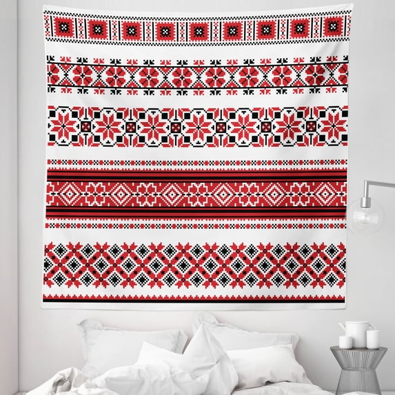 Valentine's Day Tapestry, Ukrainian Needlework Illustration Traditional Accents Arts and Crafts, Fabric Wall Hanging Decor for Bedroom Living Room Dorm, 5 Sizes, White Black Red, by Ambesonne