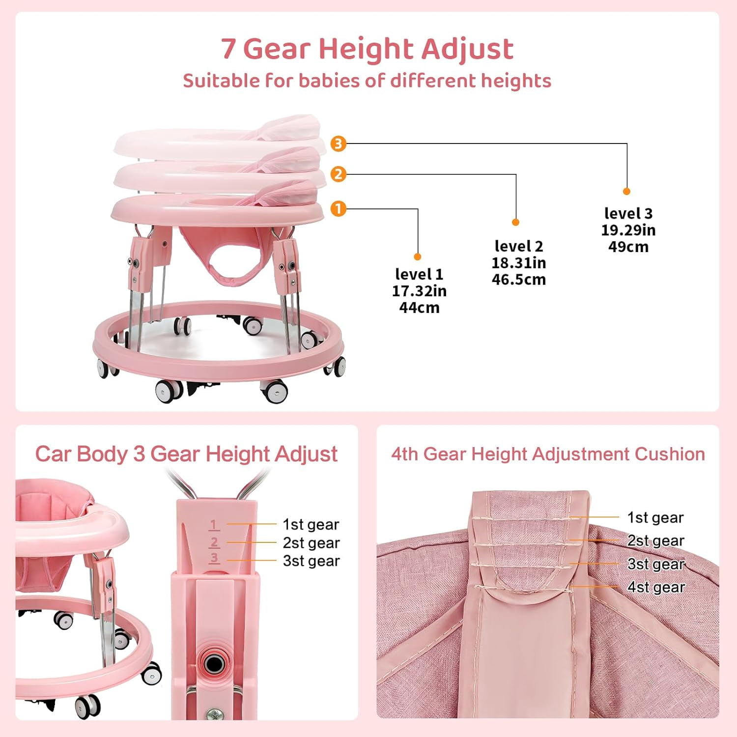 PRVAETU Foldable Baby Walker Activity Center W/ Wheels,Height Adjustable W/ Dinner Plate & Foot Pad for 6-18 Months Babies Infant Boys Girls,Full Pink