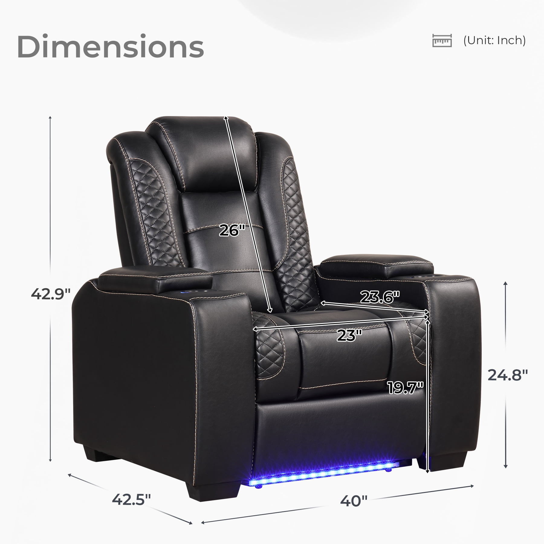 Bonzy Home Power Controlled Electric Recliner with Adjustable Headrest & LED Lighting, USB Ports Cup Holders, Home Theater Seating Reclining Chair, Black