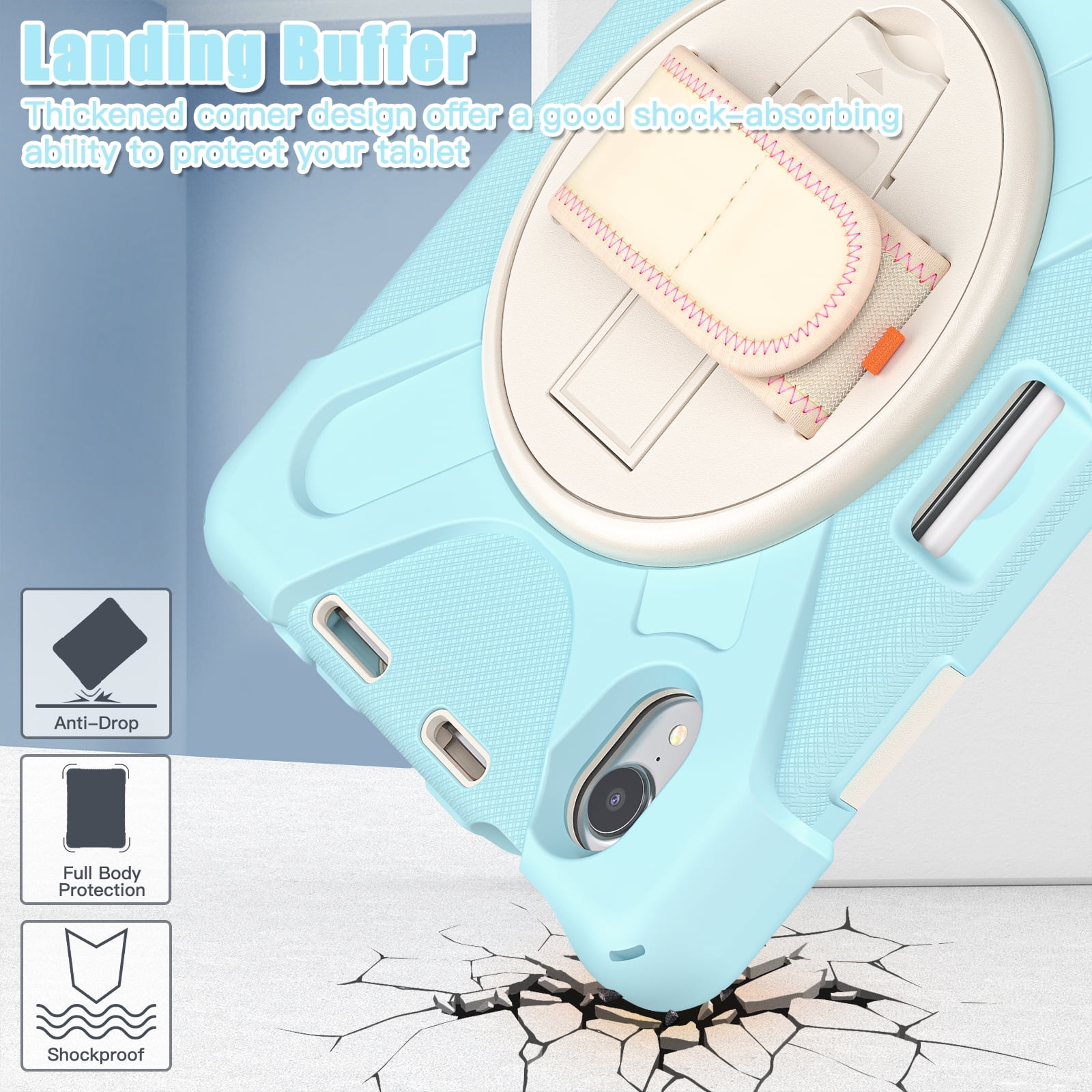 Portable Rugged Case for 2021 Apple iPad Mini 8.3" (6th Generation 2021 Release) - Rotating Stand Case with Adjustable Hand/Shoulder Strap, Built-in Pencil Holder, Shockproof Hard Cover (Light Blue)