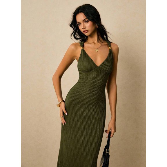 Women Green Knit V-Neck Sleeveless Dress Open Back Long