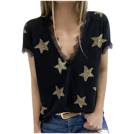 

Summer Blousees for Women 2023 Women s Summer V-neck Casual Comfortable Star Print Lace Atmosphere Feeling Lace T-shirt Short Sleeve Corset Tops for Women Black M