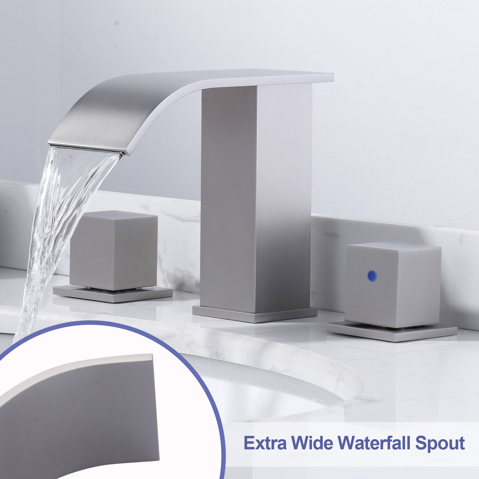 WOWOW Brushed Nickel Waterfall Bathroom Faucet - 8 inch Widespread Bathroom Faucets for Sinks 3 Hole, Modern 2 Handles Bathroom Sink Faucet with Pon up Drain and cUPC Supply Lines