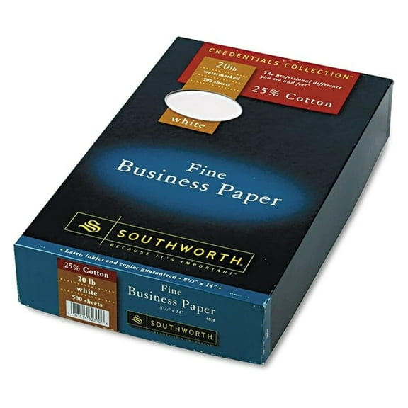 Southworth 25% Cotton Business Paper, 95 Bright, 20 lb Weight, 8.5 x 14, White, 500 Sheets/Ream