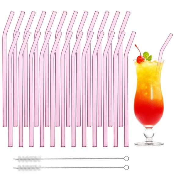 24 PCS Reusable Pink Glass Straws, Bent High Borosilicate Drinking Straws for Smoothies, Milkshakes, Hot and Cold Beverages, Clear Glass Straws with 2 Cleaning Brushes