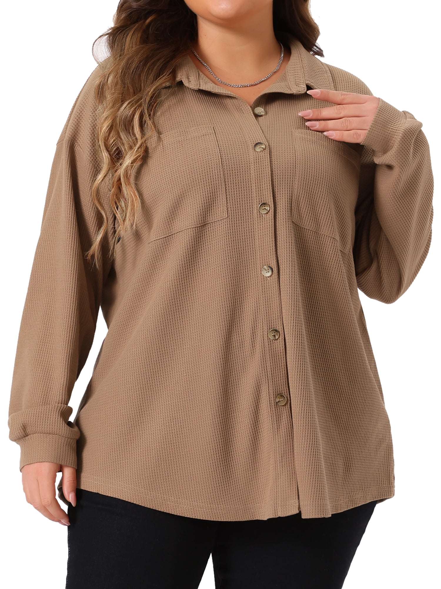 DARING DIVA Plus Size Waffle Knit Shirt Long Sleeve Button Down Jacket 1X Brown