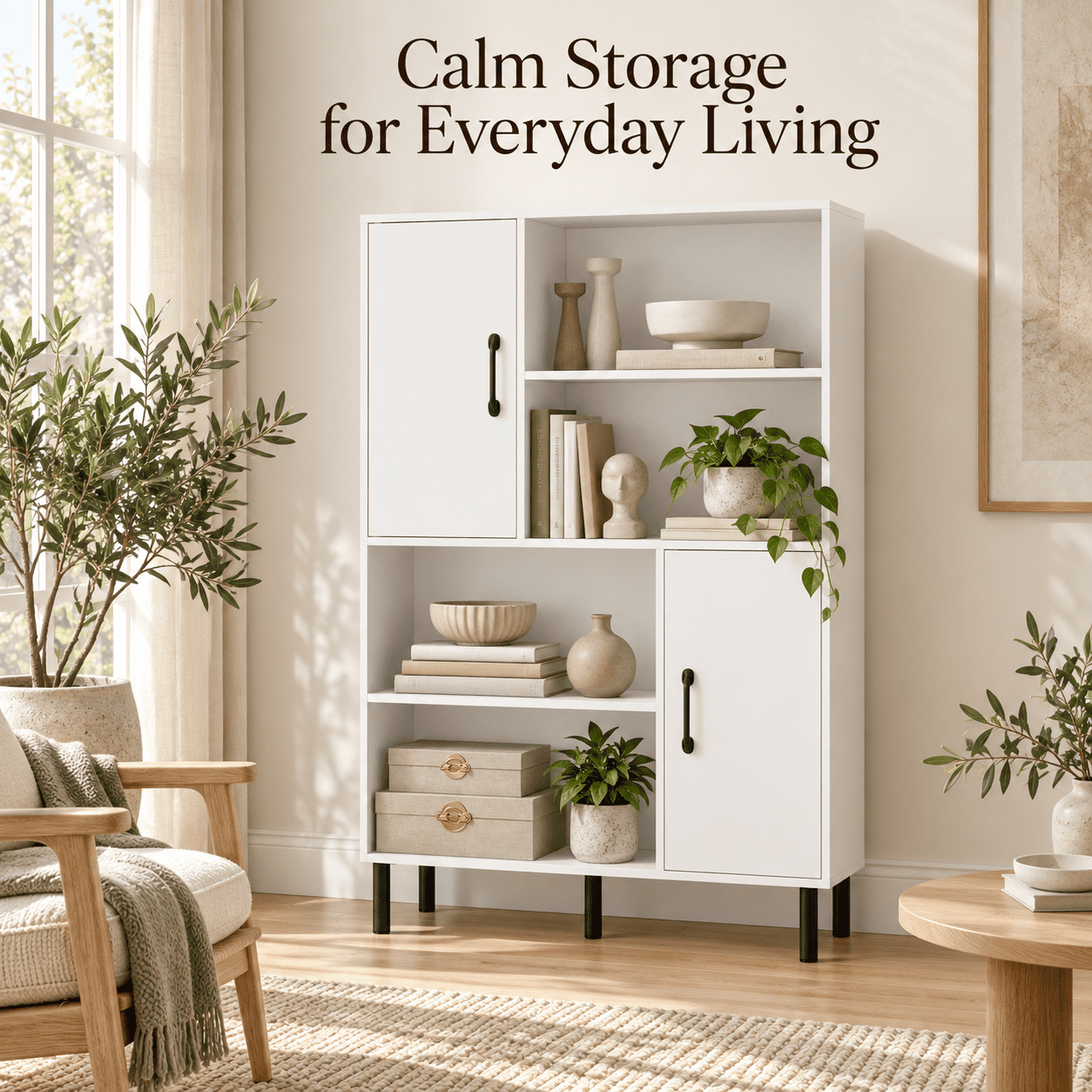 Furnibear 47 Inch Storage Cabinet Freestanding Bookcase Bookshelf with 2 Doors and 4 Open Shelves for Living Room Home Office Bedroom Kitchen Display Storage, White