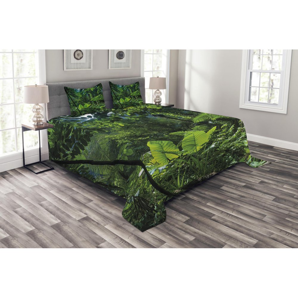 Plant Bedspread Set, Green Jungle Untouched Nature Environmental
