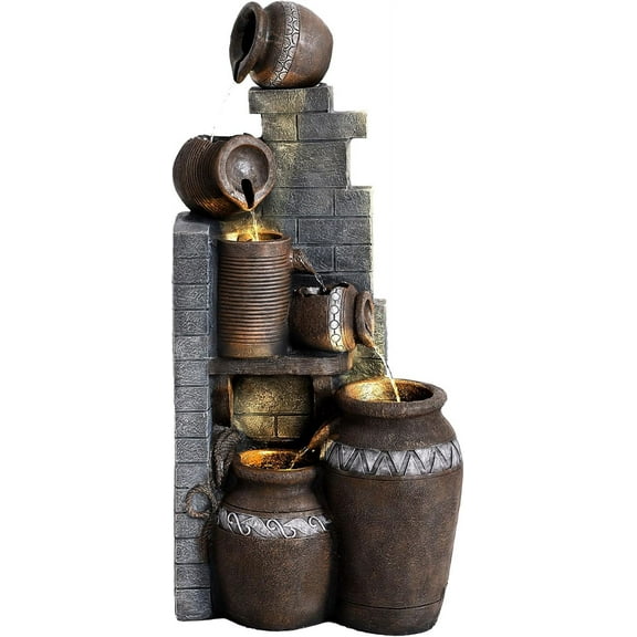 Grepatio 39.3" Tall Outdoor Water Fountain Garden Waterfalls Fountain with LED Lights 6 Tier Modern Indoor/Outdoor Floor Standing Water Fountain with Pump for Garden, Patio, House Decor (Gray)