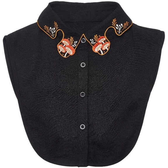 Black Detachable Collar Polyester Embroidery Mushroom Pattern Dickey Blouse False Half Shirt Button Up Decorative Collars Adjustable Strap for Women Clothing Dress Sweaters Accessories