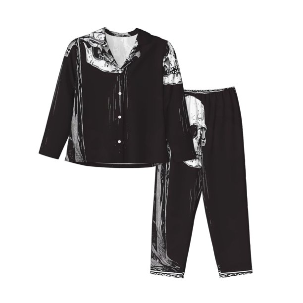 Balery Gothic Skull Drape Conjunto de Pijama con Estampado para Mujer, Conjunto de Dos Piezas con Manga Larga, Ropa de Dormir Suave con Bolsillos, Pijamas Cómodos-Small