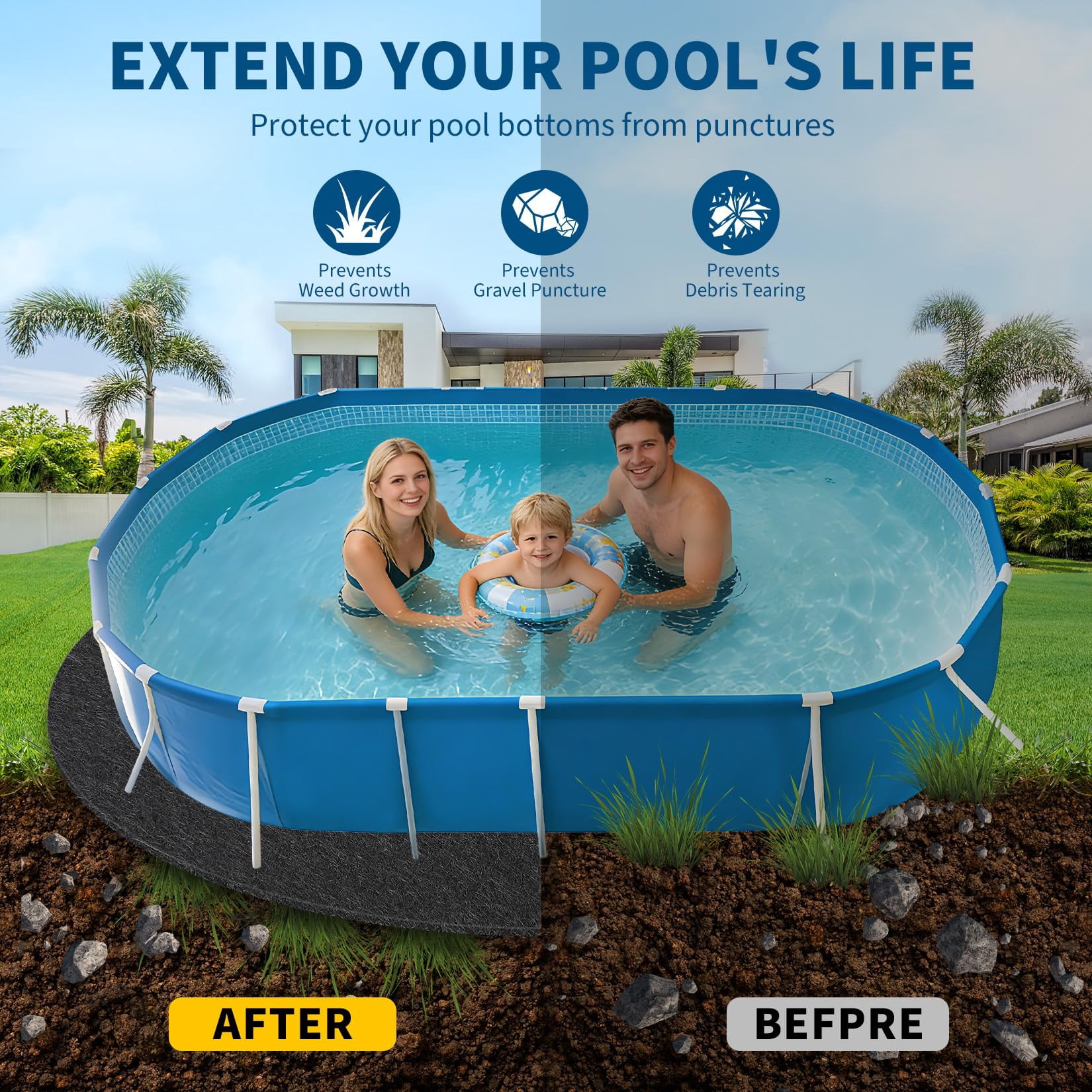 Non-Woven Pool Liner Pad,16x32 Heavy Duty Geotextile Fabric for Above Ground Pools, Puncture & Weed Barrier, Eco-Friendly, Multiple Sizes for Oval
