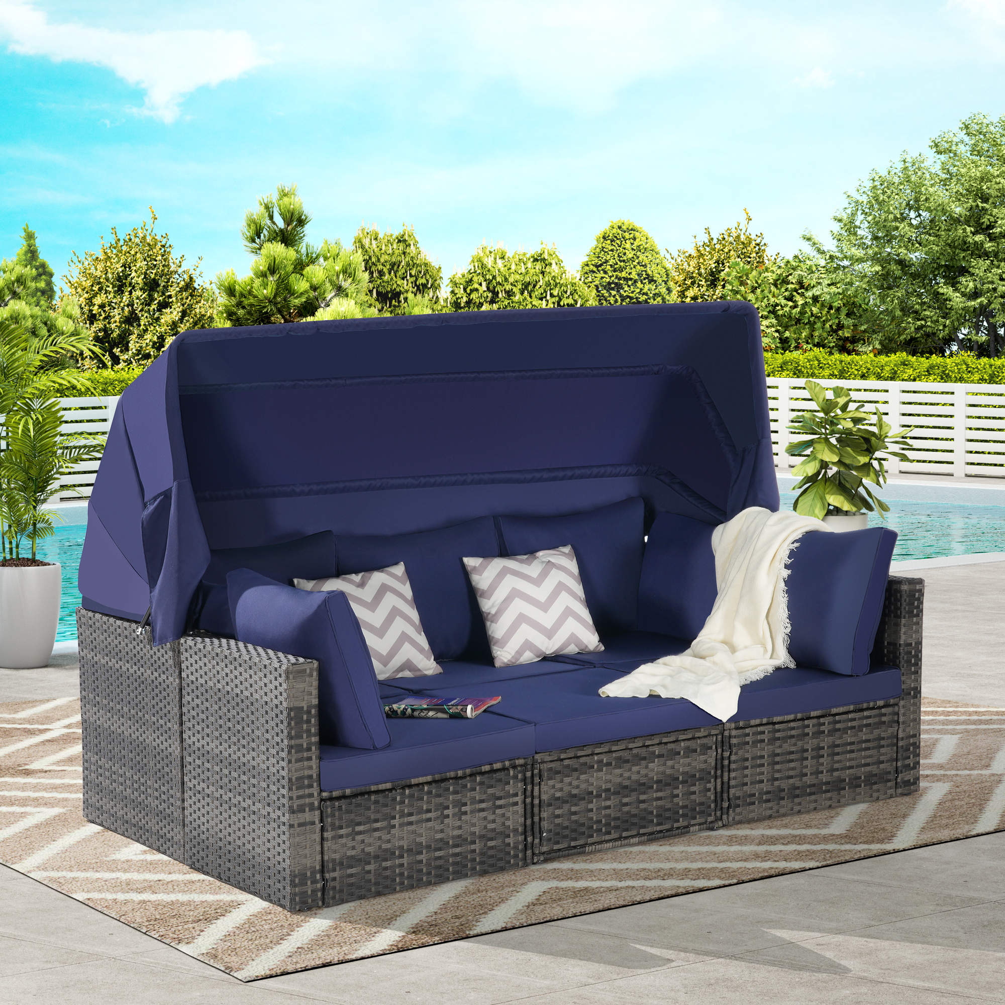 5 Pieces Outdoor Daybed with Retractable Canopy,Patio Wicker Sunbed Furniture Set with Storage Side Table and Sofa Cushions for Backyard, Porch, Garden,Dark Blue