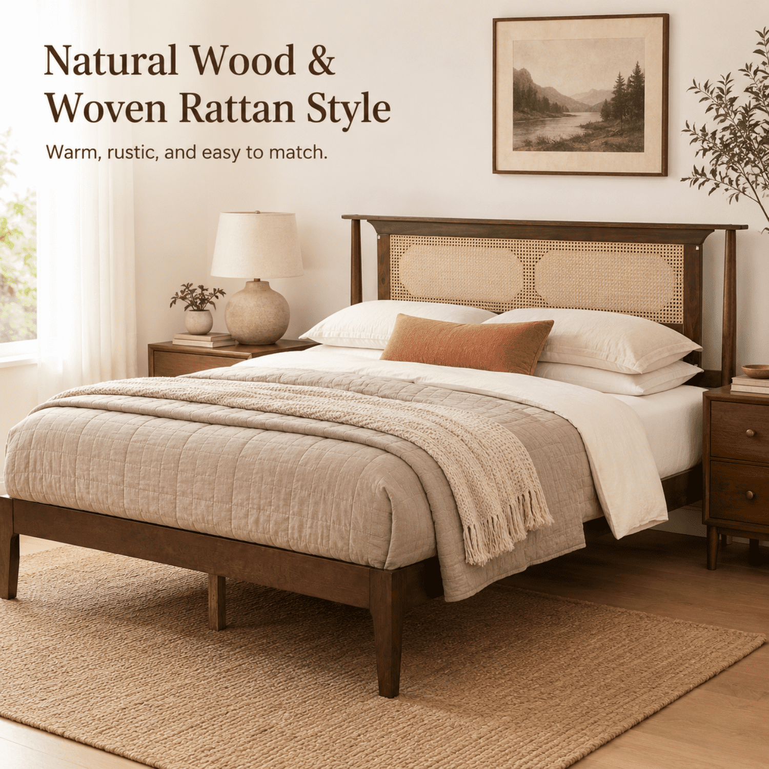 Miniyam Queen Bed Frame with PE Rattan Headboard, Pine Platform Bed, Walnut