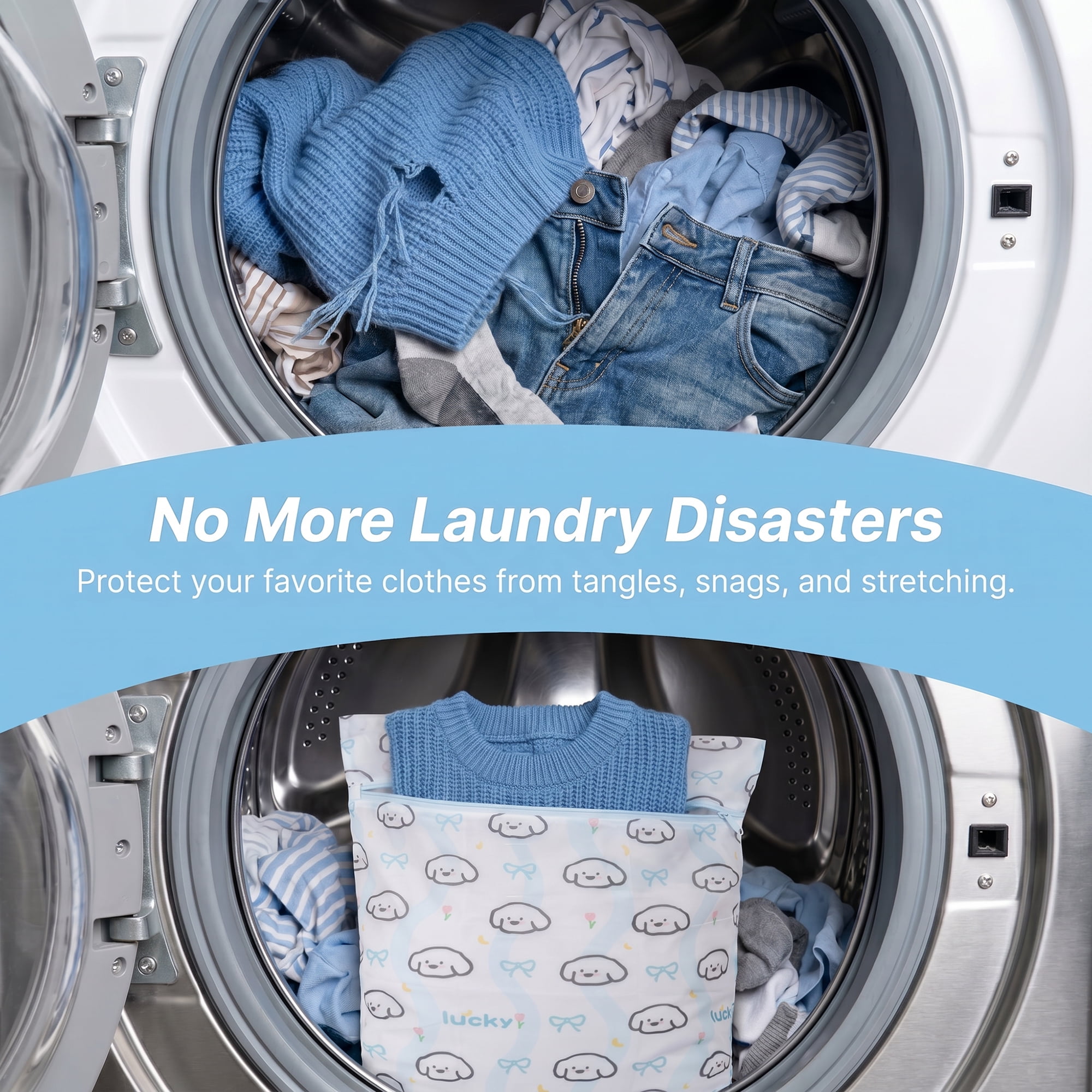 Unique Bargains 2Pcs Durable Mesh Zipper Closure Laundry Bags Blue 23.6" x 23.6"